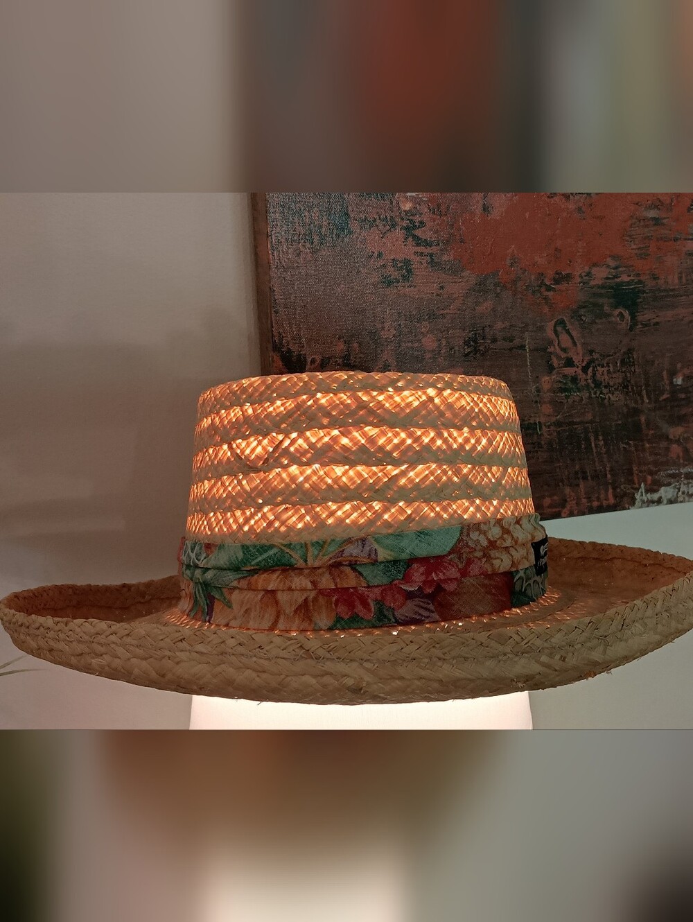 Straw Panama Hat with Floral Band - Natural